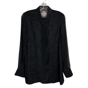Robert Graham Black Silk Sheer Lace Long Sleeve Button Down Blouse